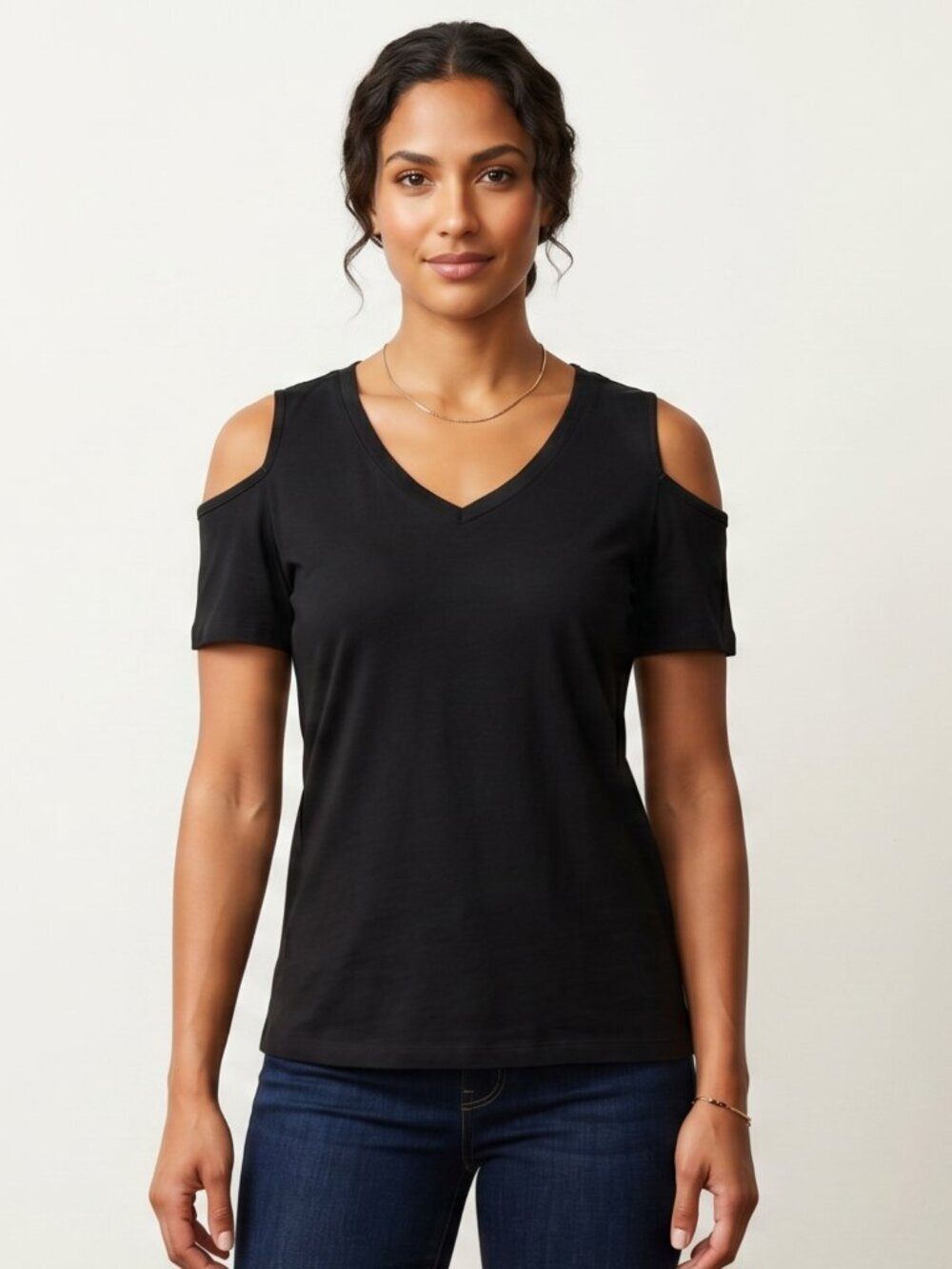 NWT | OFEEFAN Black Cold Shoulder V-Neck Short Sleeve Jersey Knit Top | Small